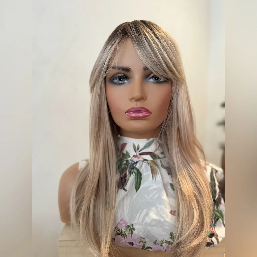 Classic Cap Wig Long Straight Blonde Balayage with Curtain Bangs, Natural Layers